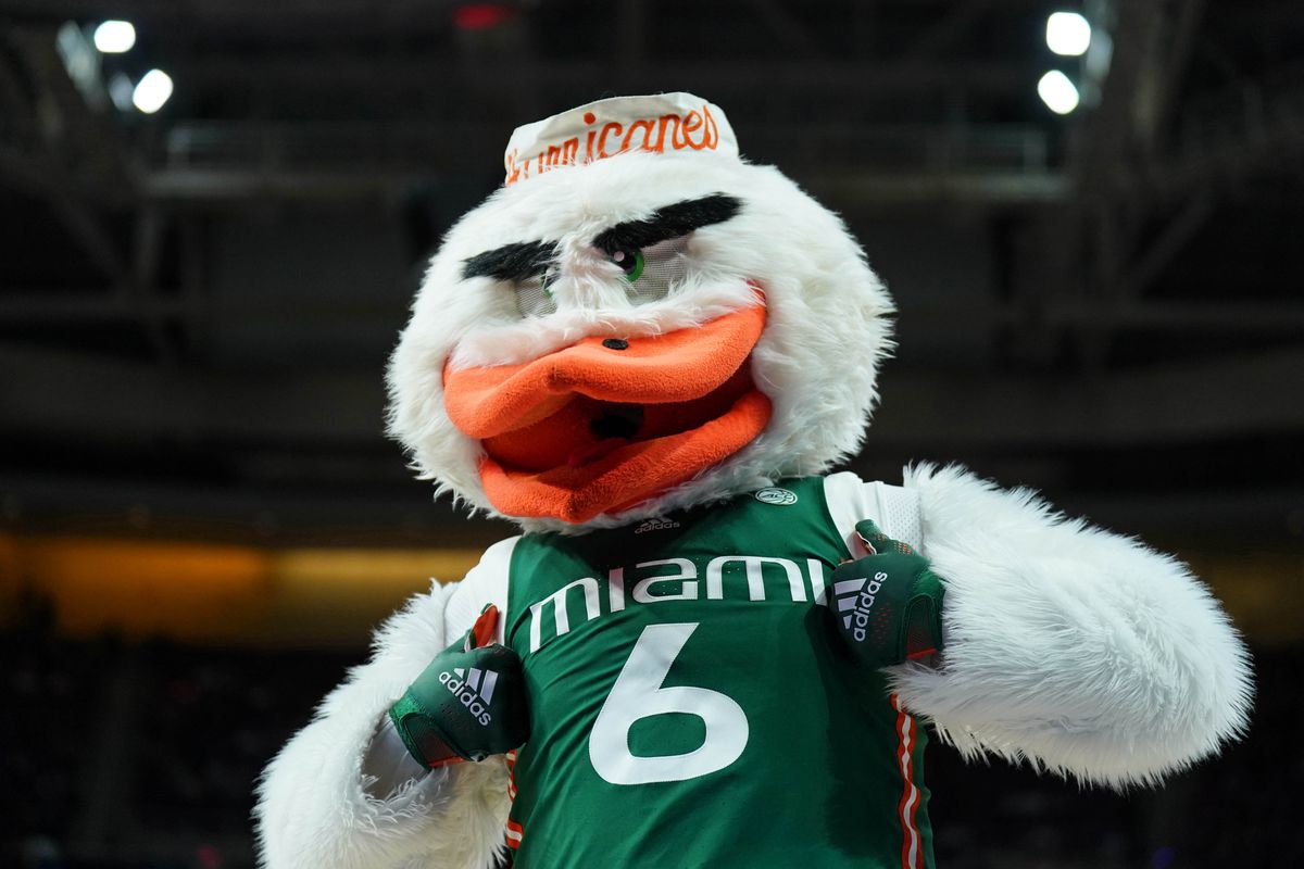 The Miami (Fl) Hurricanes mascot during the first half of the game against the Indiana Hoosiers at MVP Arena
