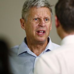 FILE - In this Oct. 3, 2016 file photo, Libertarian presidential candidate Gary Johnson makes a point during a news conference before a rally in Parker, Colo. (AP Photo/David Zalubowski, File)