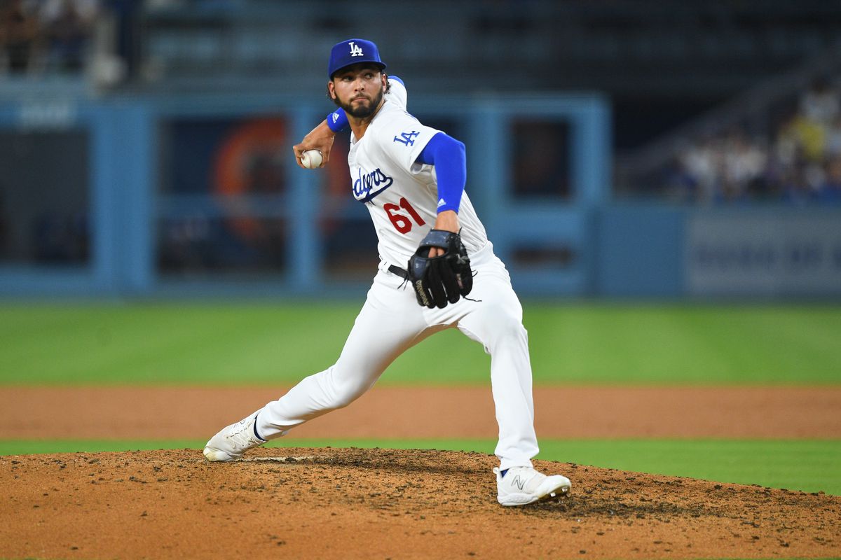 Los Angeles Dodgers pitcher Tyson Miller (61) throws a pitch during the MLB game between the Arizona Diamondbacks and the Los Angeles Dodgers on August 29, 2023 at Dodger Stadium in Los Angeles, CA.