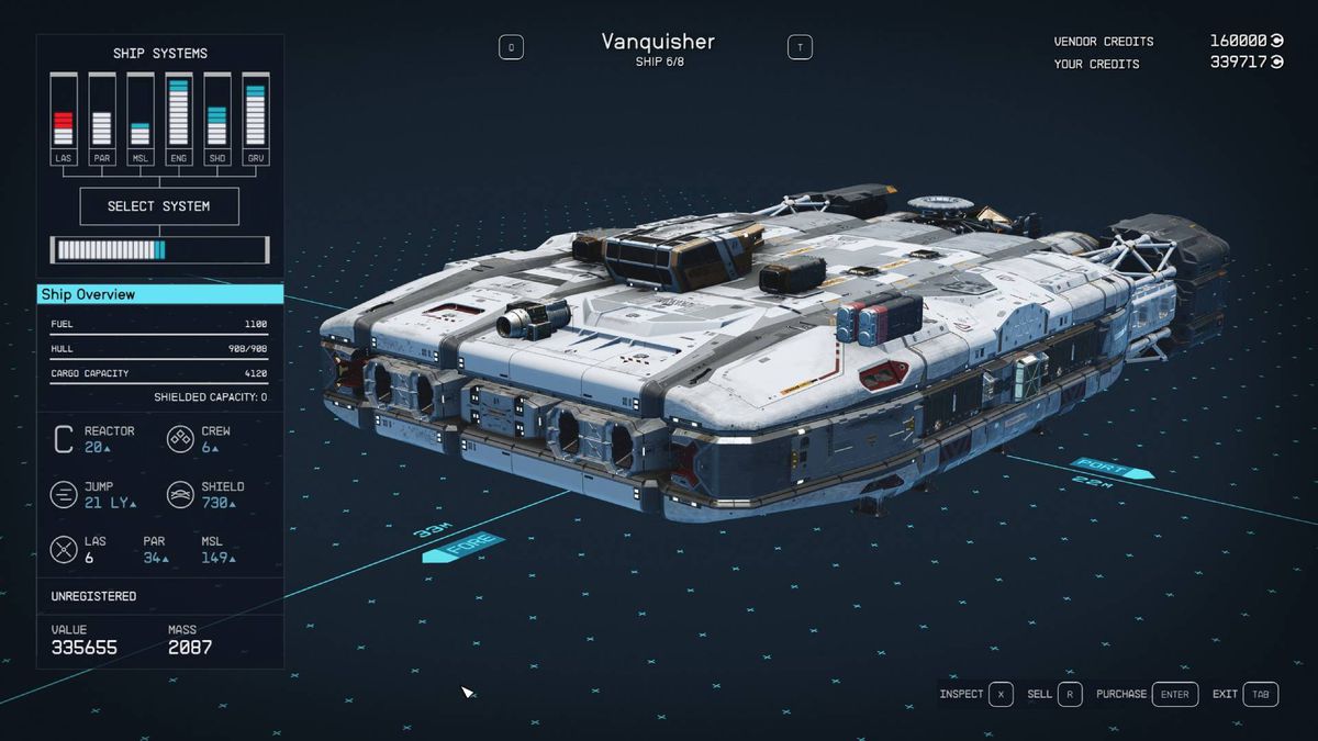 A menu shows the stats and design for the Vanquisher, one of the best ships in Starfield.
