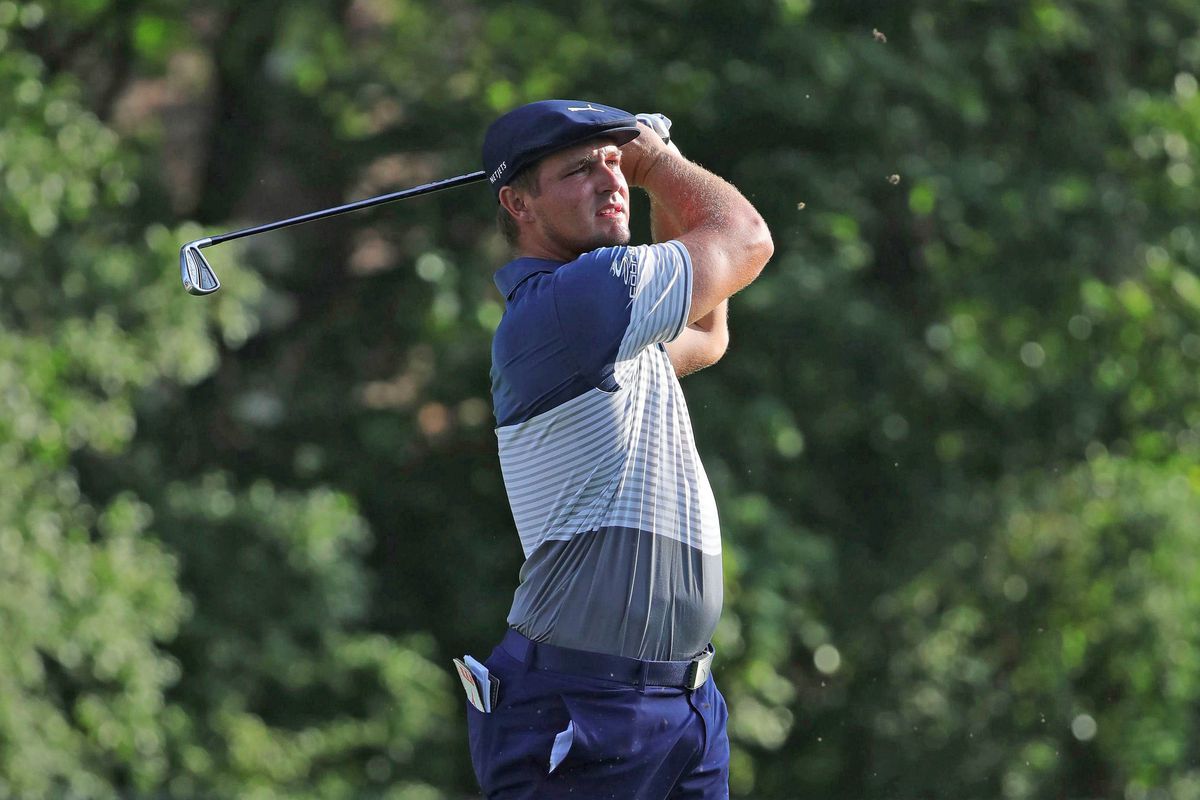 Bryson DeChambeau of the United States plays his shot from the 11th tee during the second round of the Rocket Mortgage Classic on July 03, 2020 at the Detroit Golf Club in Detroit, Michigan.