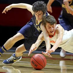 Westlake's Michael Nelson, left, and Brighton's Tate Weichers fight for a loose ball as Westlake High School defeats  Brighton High School in overtime 54-48 in the 5A State Boys Basketball State Tournament quarterfinals Thursday, March 3, 2016, in Salt Lake City.
