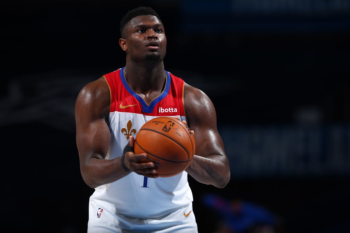 Zion Williamson of the New Orleans Pelicans shoots a free throw during the game against the Oklahoma City Thunder on April 29, 2021 at Chesapeake Energy Arena in Oklahoma City, Oklahoma.