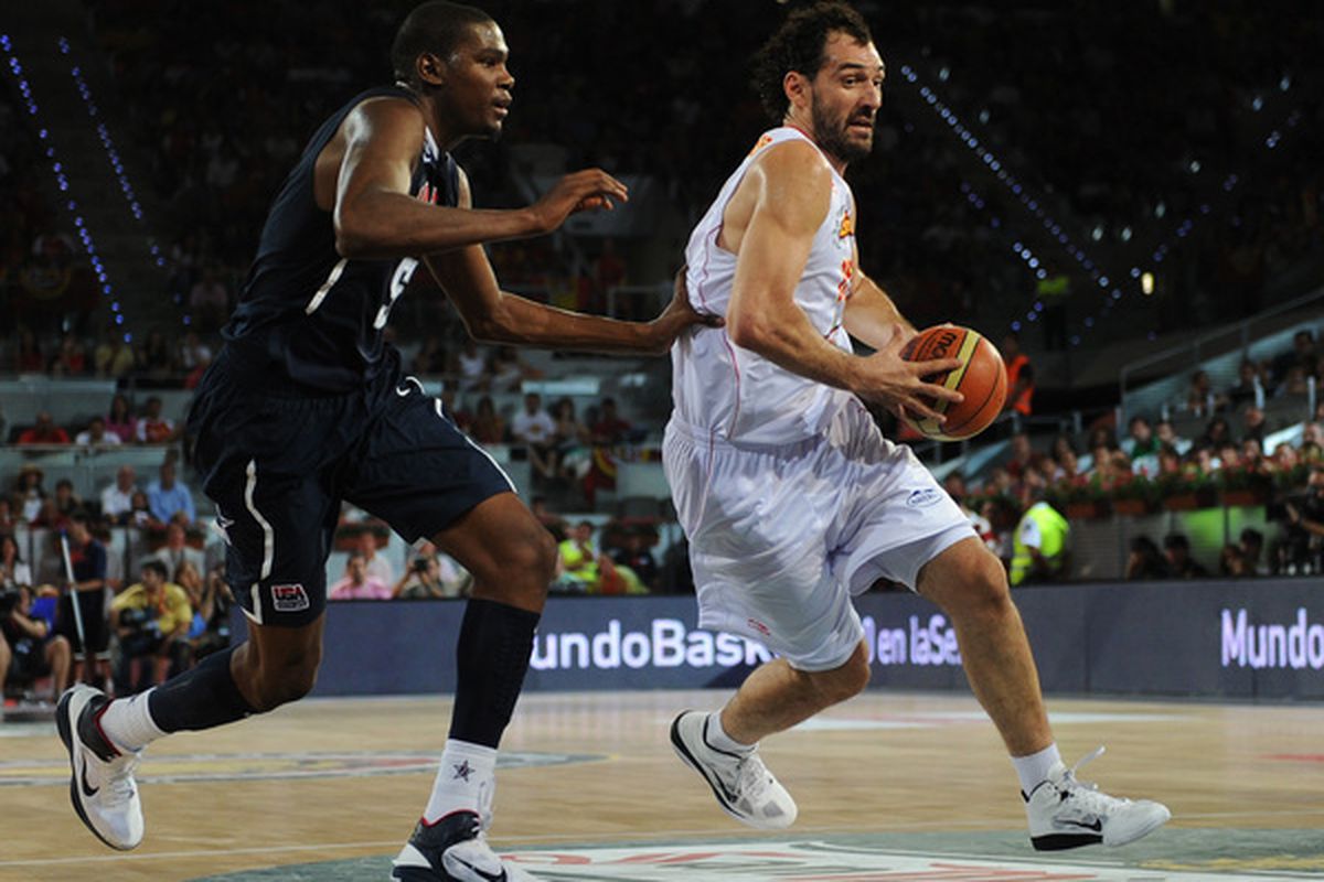 MADRID SPAIN - AUGUST 22:  Jorge Garbajosa (R) of Spain drives past Kevint Durant of the USA during a friendly basketball game between Spain and the USA at La Caja Magica on August 22 2010 in Madrid Spain.  (Photo by Jasper Juinen/Getty Images)