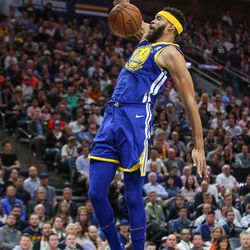 Golden State Warriors center JaVale McGee (1) dunks during the game against the Utah Jazz at Vivint Arena in Salt Lake City on Tuesday, April 10, 2018.