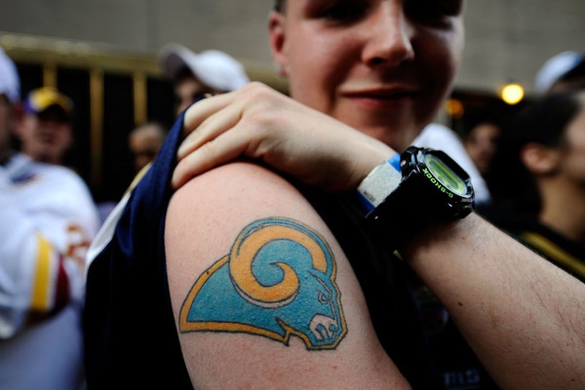 NEW YORK - APRIL 22:  Brian Skidmore, fan of the St. Louis Rams shows off his Rams logo tattoo prior to the 2010 NFL Draft at Radio City Music Hall on April 25, 2009 in New York City.  (Photo by Jeff Zelevansky/Getty Images)