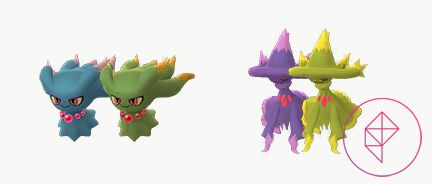 Shiny Misdreavus and Mismagius in Pokémon Go. Both Shiny forms get a yellow tint over their usual coloration.