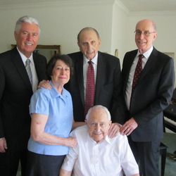 LDS Church President Thomas S. Monson, center, and his counselors in the First Presidency, President Dieter F. Uchtdorf, left, and President Henry B. Eyring, right, visit Elder L. Tom Perry of the Quorum of the Twelve Apostles and his wife, Barbara. Elder Perry resumed his duties this week after beginning treatment for thyroid cancer last month.