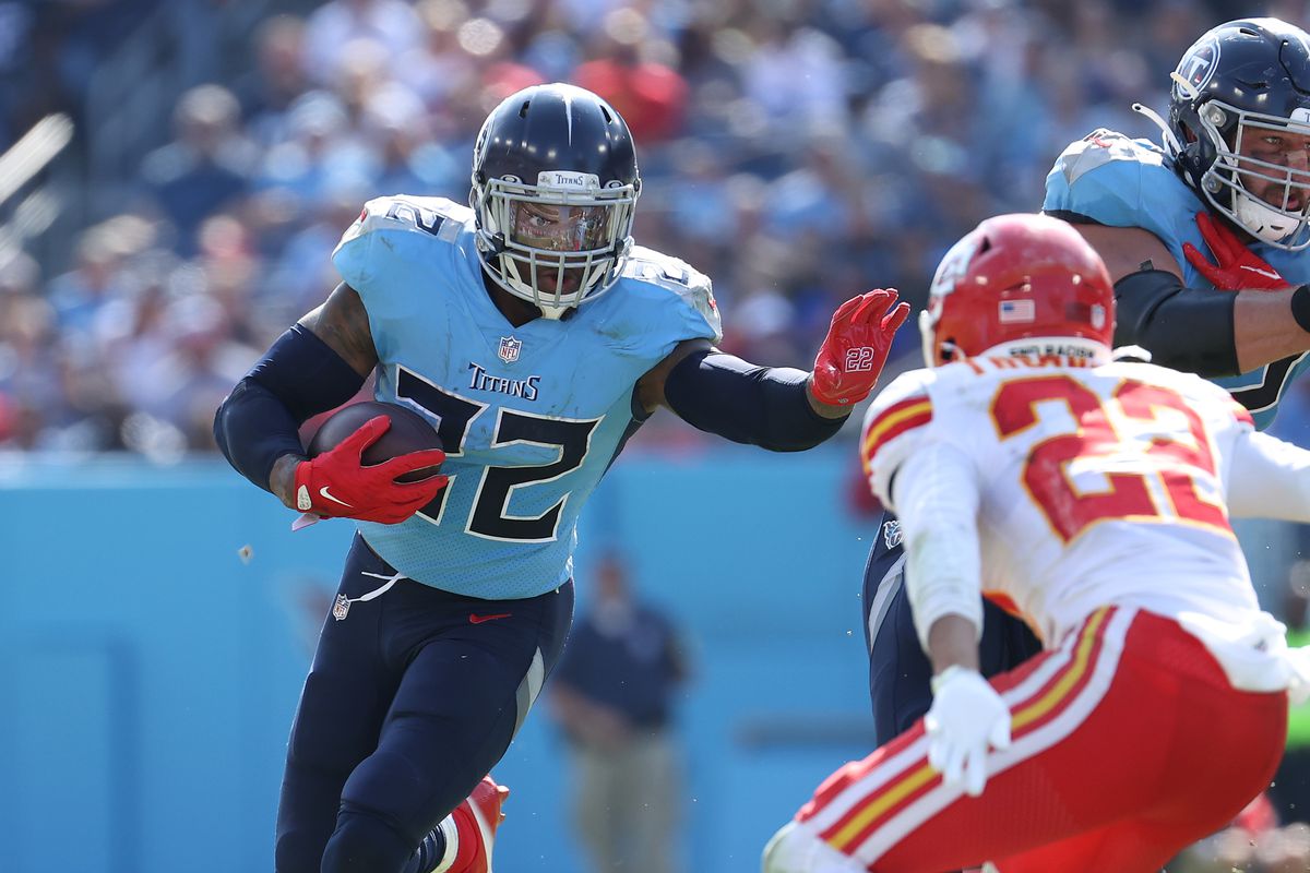 Derrick Henry #22 of the Tennessee Titans against the Kansas City Chiefs at Nissan Stadium on October 24, 2021 in Nashville, Tennessee.