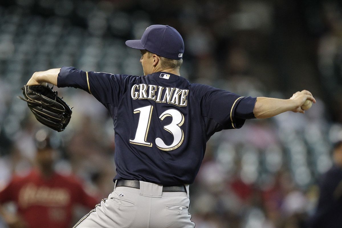 HOUSTON,TX- JULY 08:  Zack Greinke #13 of the Milwaukee Brewers throws against the Houston Astros in the first inning on July 8, 2012 at Minute Maid Park in Houston, Texas.(Photo by Bob Levey/Getty Images)