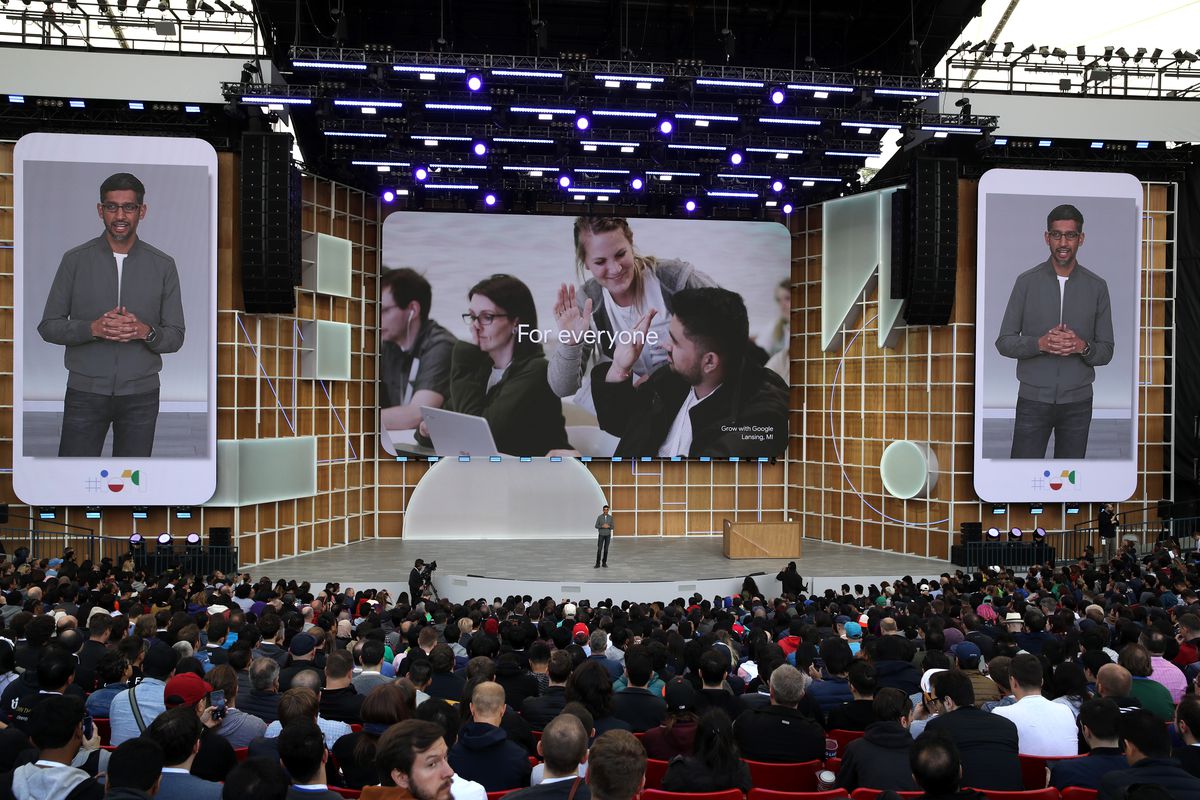 The stage at Google’s annual I/O developers conference showing CEO Sundar Pichai in flanking video images.