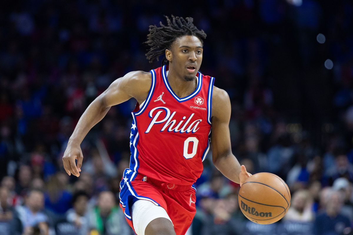 Philadelphia 76ers guard Tyrese Maxey (0) dribbles the ball against the Miami Heat during the third quarter at Wells Fargo Center.