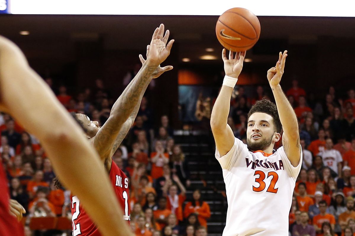 London Perrantes lets a three-ball fly against the NC State Wolfpack