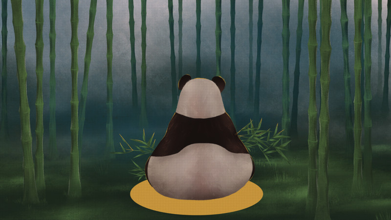 A graphic illustration of a panda in a bamboo forest.