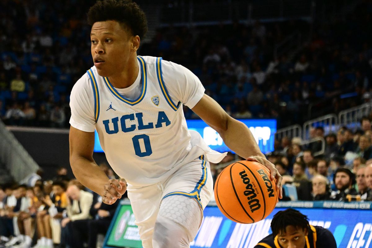 UCLA Bruins guard Jaylen Clark (0) dribbles the ball against the California Golden Bears in a college basketball game at Pauley Pavilion presented by Wescom.