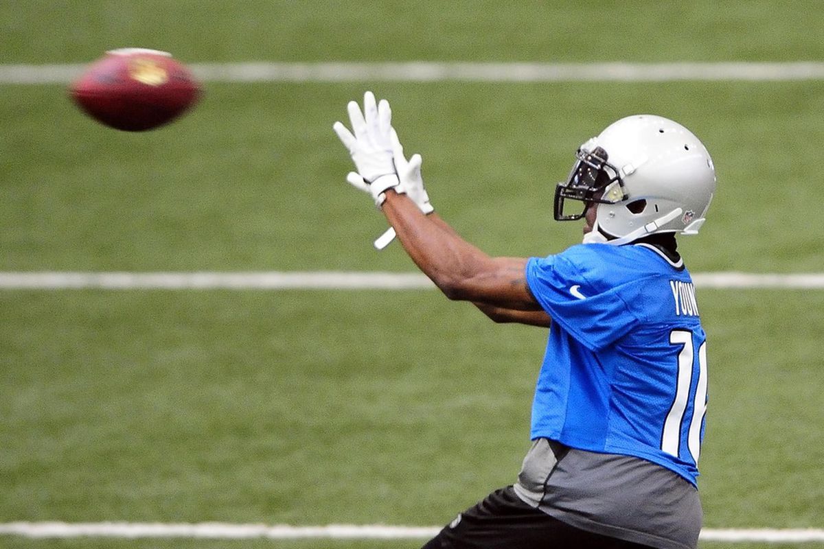 May 29, 2012; Allen Park, MI, USA; Detroit Lions wide receiver Titus Young (16) during organized team activities at Lions training facility. Mandatory Credit: Andrew Weber-US PRESSWIRE