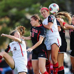Players make a play on the ball as the University of Utah defeated Texas Tech 1-0 in NCAA Tournament soccer action in Salt Lake City on Saturday, Nov. 12, 2016.
