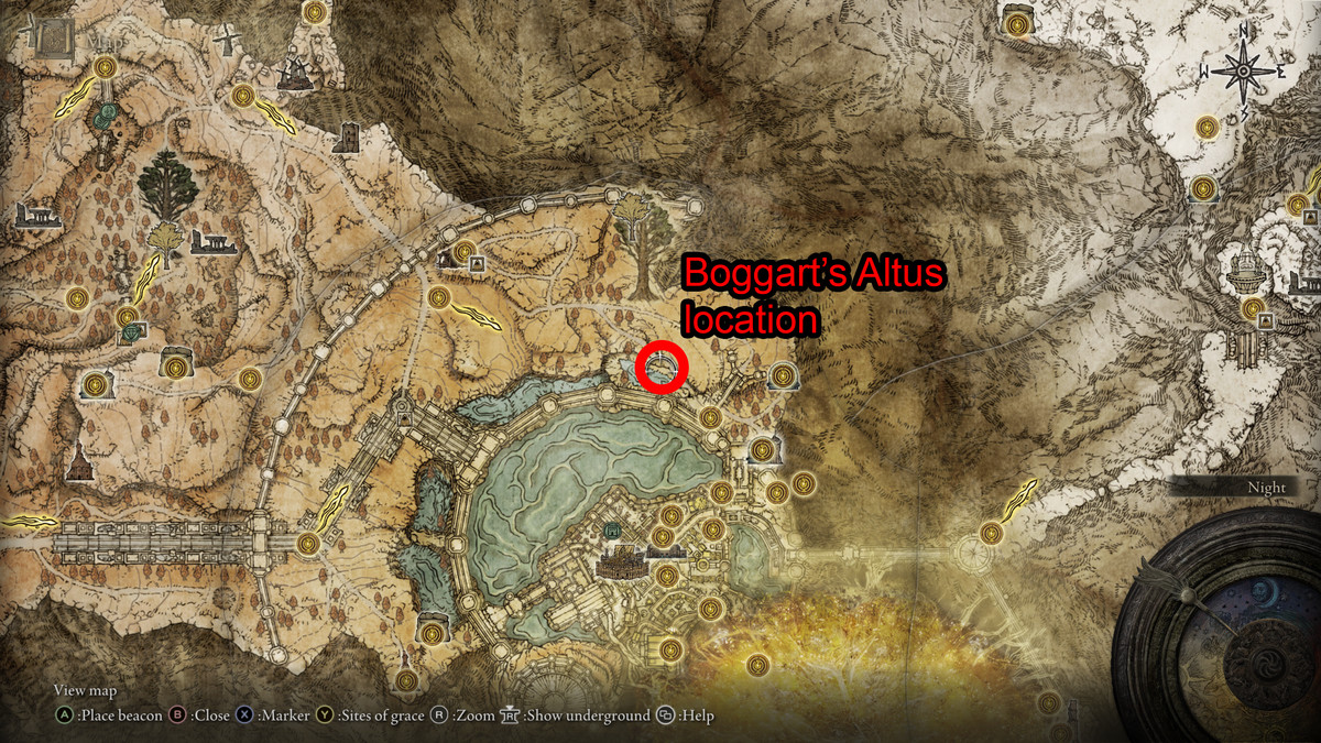 A map of the Elden Ring showing the location of Bogart on the moat around Lindel, the royal capital of the Altus Plateau.