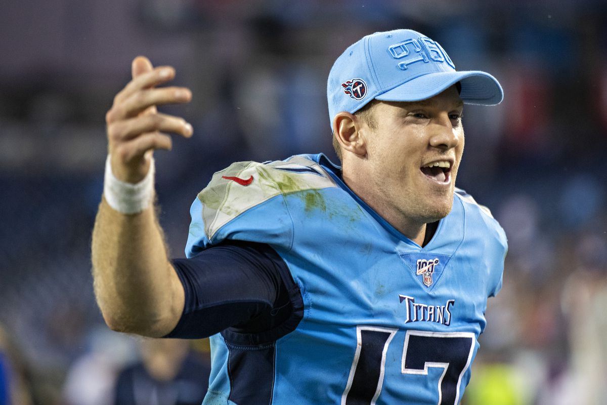 Ryan Tannehill of the Tennessee Titans jogs off the field with a big smile after a game against the Los Angeles Chargers at Nissan Stadium on October 20, 2019 in Nashville, Tennessee.