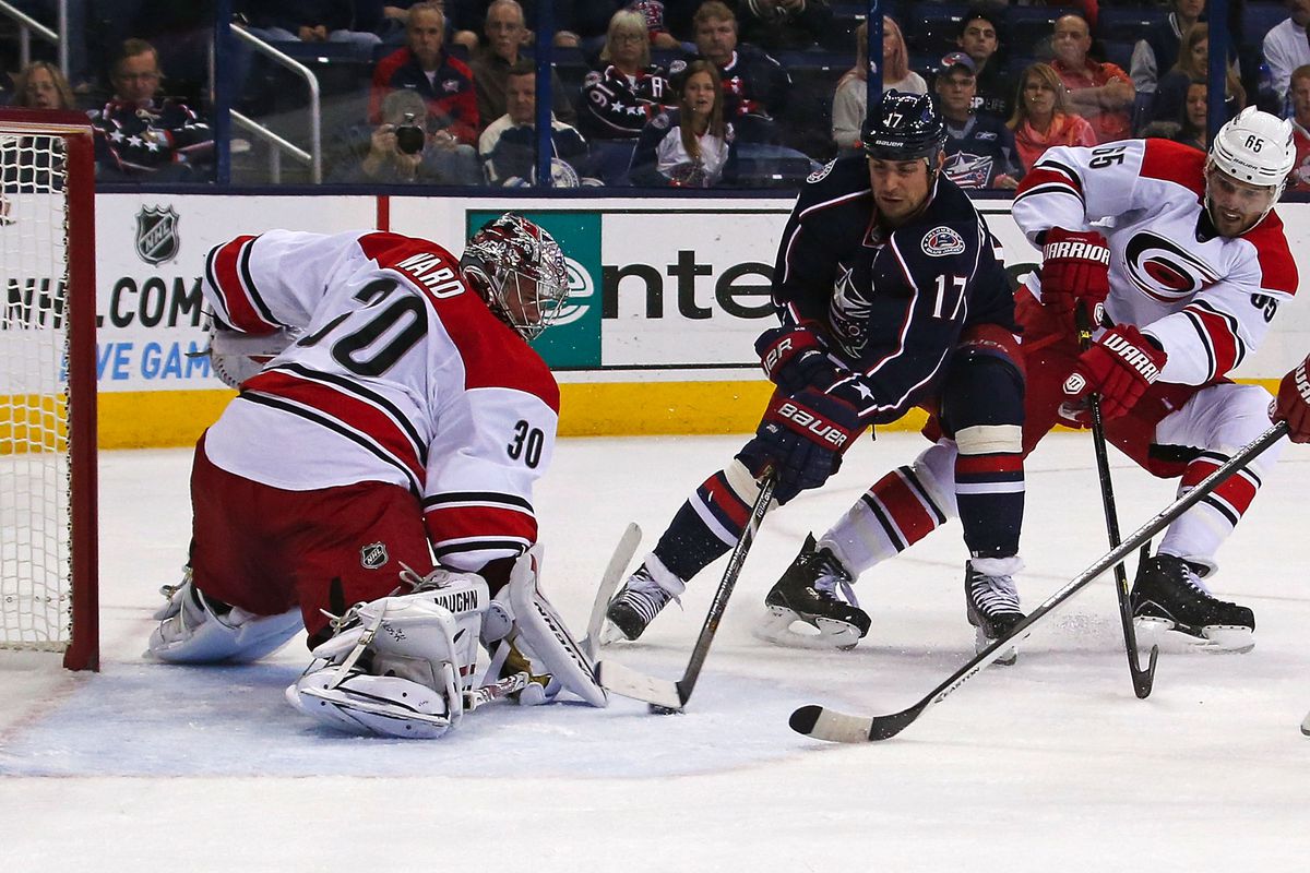 Cam Ward makes one of 25 saves against the Blue Jackets on Thursday night