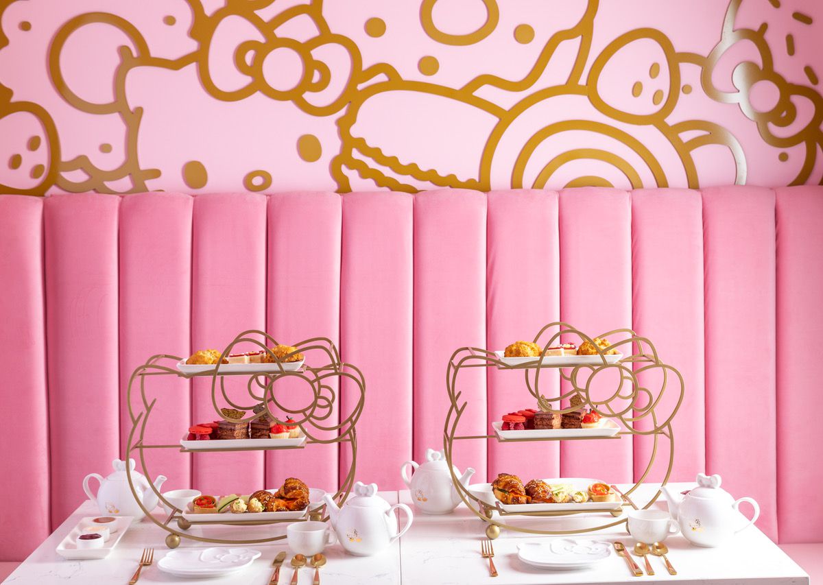 Hello Kitty Cafe’s pink and gold interior, at daytime.