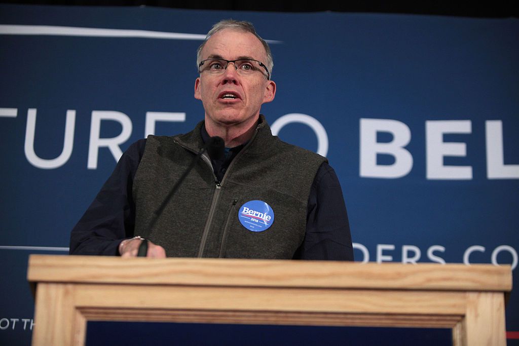 Bill McKibben, speaking in support of Bernie Sanders in New Hampshire in Jan. 2016. 