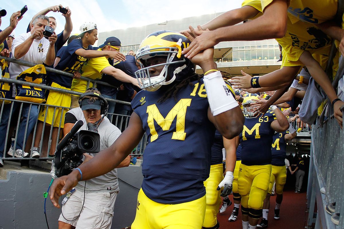 Michigan and Notre Dame are showing off new Adidas uniforms tonight. (Photo by Gregory Shamus/Getty Images)