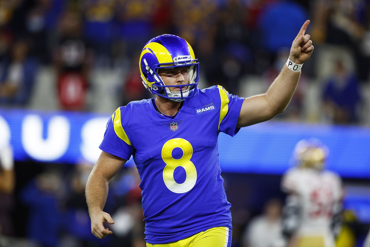 Matt Gay #8 of the Los Angeles Rams reacts after making a 30 yard field goal to take the lead in the fourth quarter against the San Francisco 49ers in the NFC Championship Game at SoFi Stadium on January 30, 2022 in Inglewood, California.