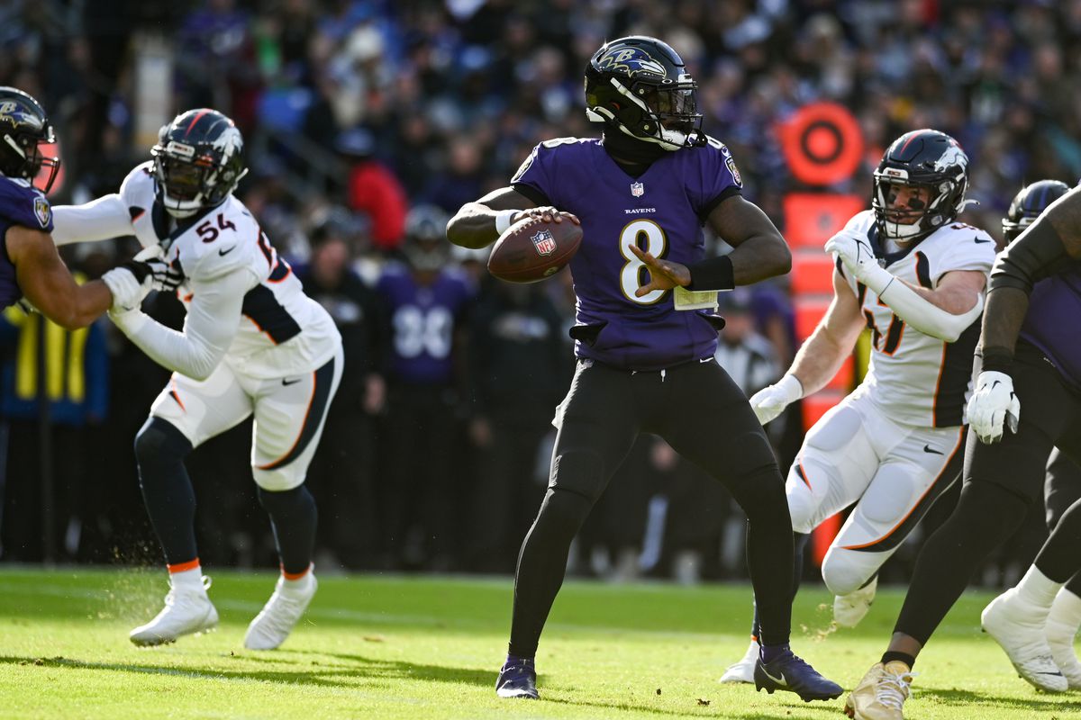 Baltimore Ravens quarterback Lamar Jackson (8) drops back to pass during the first quarter against the Denver Broncos at M&amp;amp;T Bank Stadium.