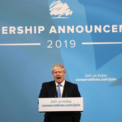 Boris Johnson speaks after being announced as the new leader of the Conservative Party in London, Tuesday, July 23, 2019. Brexit champion Boris Johnson won the contest to lead Britain's governing Conservative Party on Tuesday, and will become the country's next prime minister. (AP Photo/Frank Augstein)