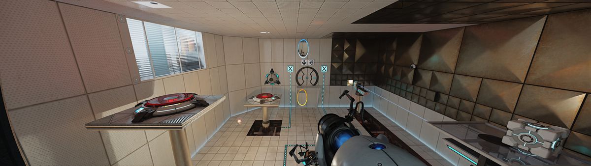 A room in Portal with its RTX update enabled.  Light reflects off an onyx-like surface to the right as the player looks at the test chamber puzzle from above.