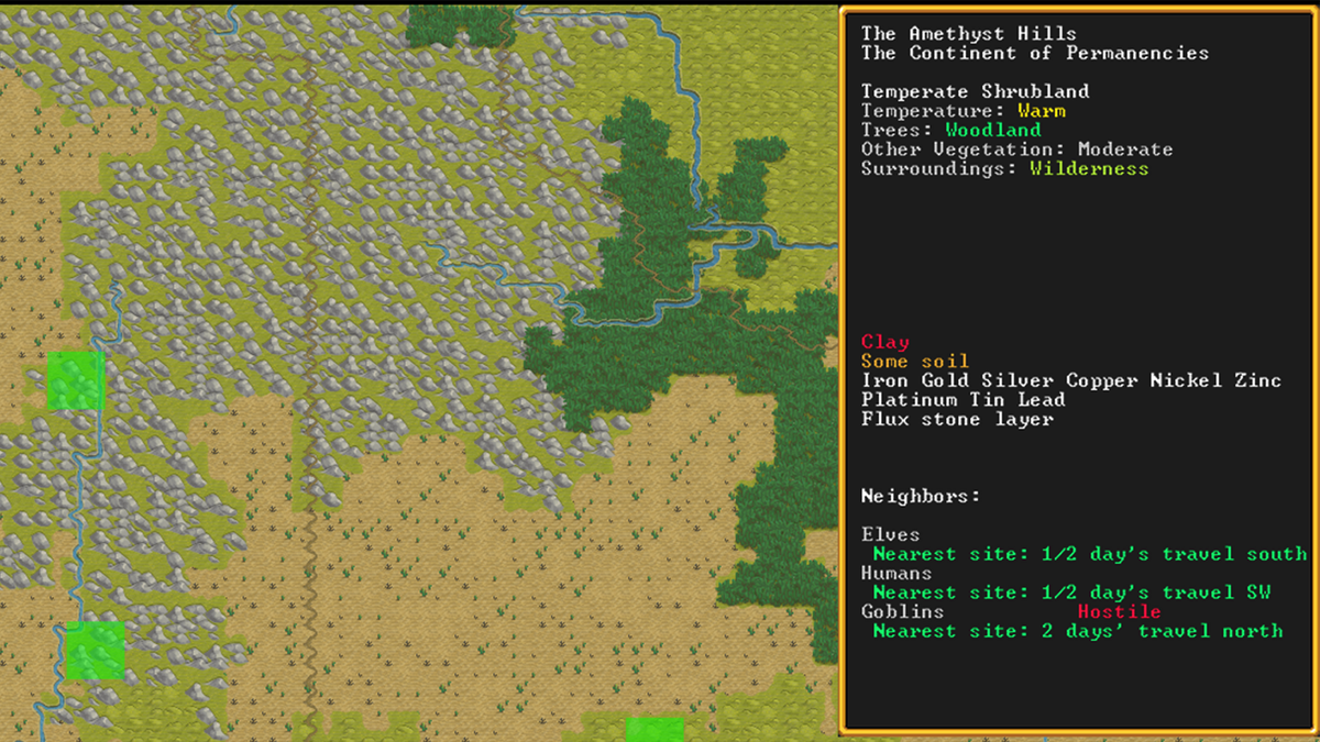 Selecting a Dwarf Fortress embark location. There’s an information panel on the right showing what is present at the location.