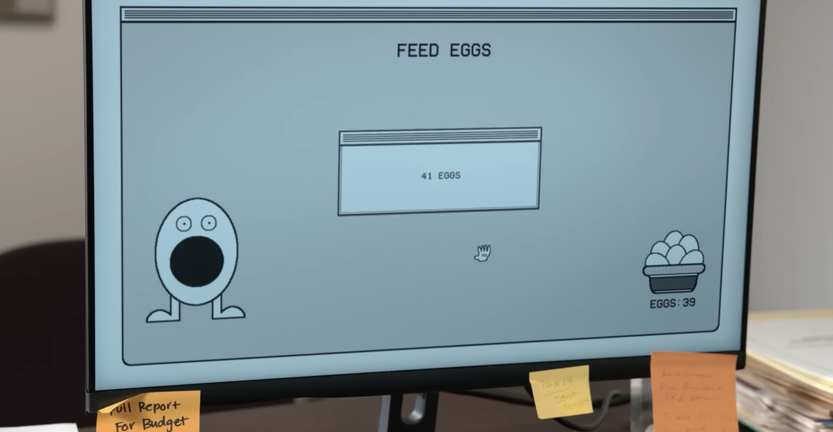 A close-up of the egg feeding game in a still from the ITYSL sketch. 