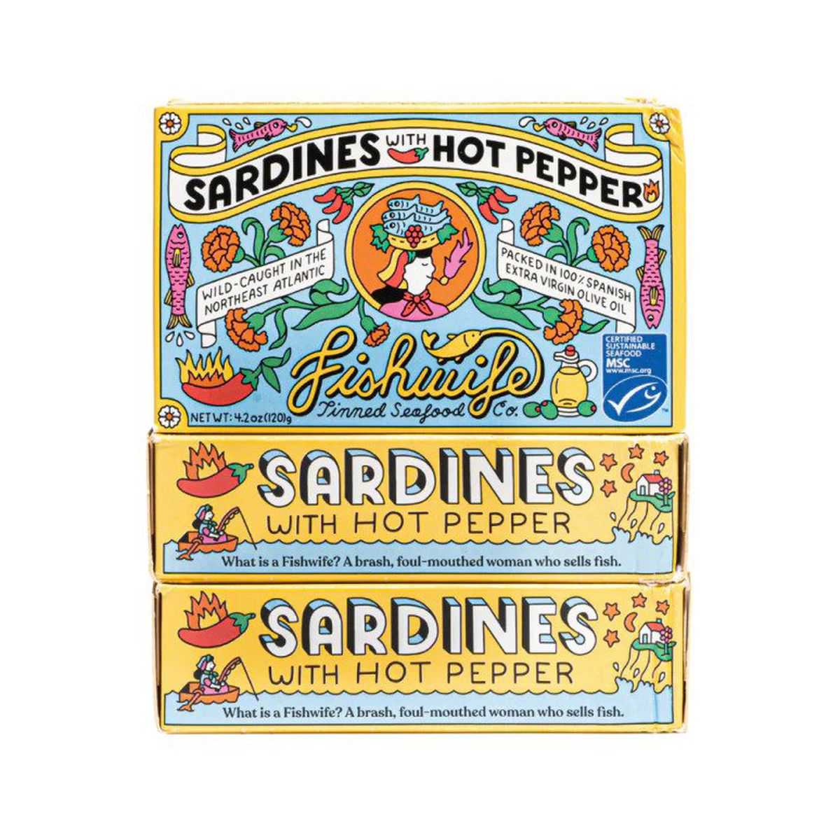 Two boxes of Fishwife sardines with hot pepper