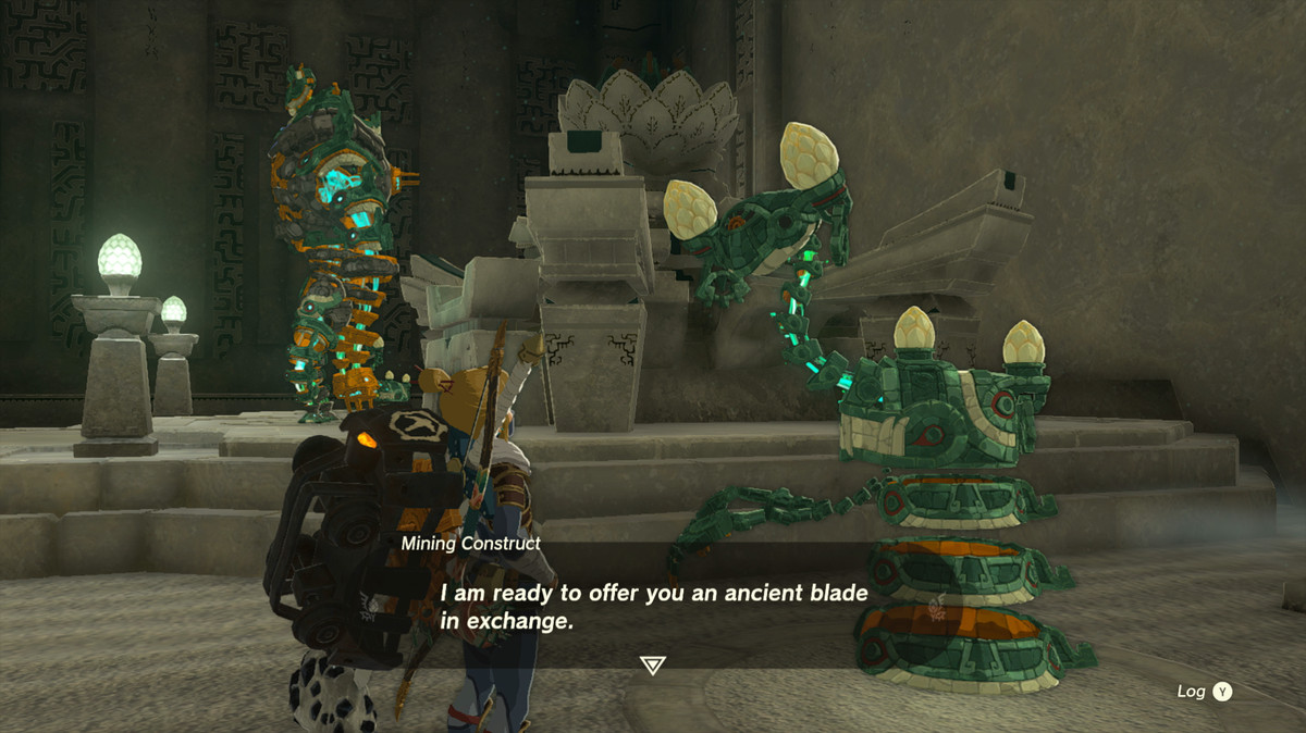 Link talks to a Construct to trade for an ancient blade in Zelda Tears of the Kingdom.