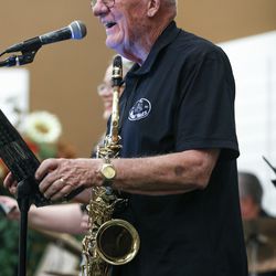 The Mixed Nuts band leader Bob Nohavec laughs with band members during a gig at the Legacy Retirement Residence in South Jordan on Tuesday, Sept. 3, 2019.