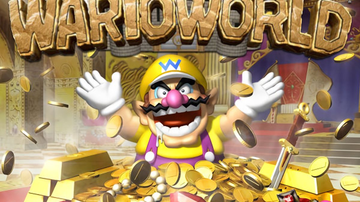 Cover for the Gamecube game Wario World, showing Wario surrounded by riches and tossing coins into the air