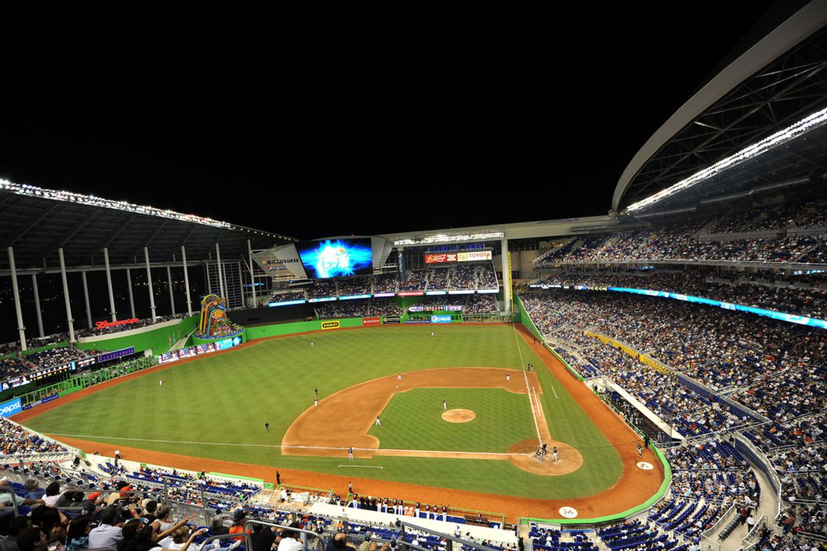 April 2, 2012; Miami FL, USA; A general view of Marlins Park during spring training game between the New York Yankees and the Miami Marlins at Marlins Park. Mandatory Credit: Steve Mitchell-US PRESSWIRE