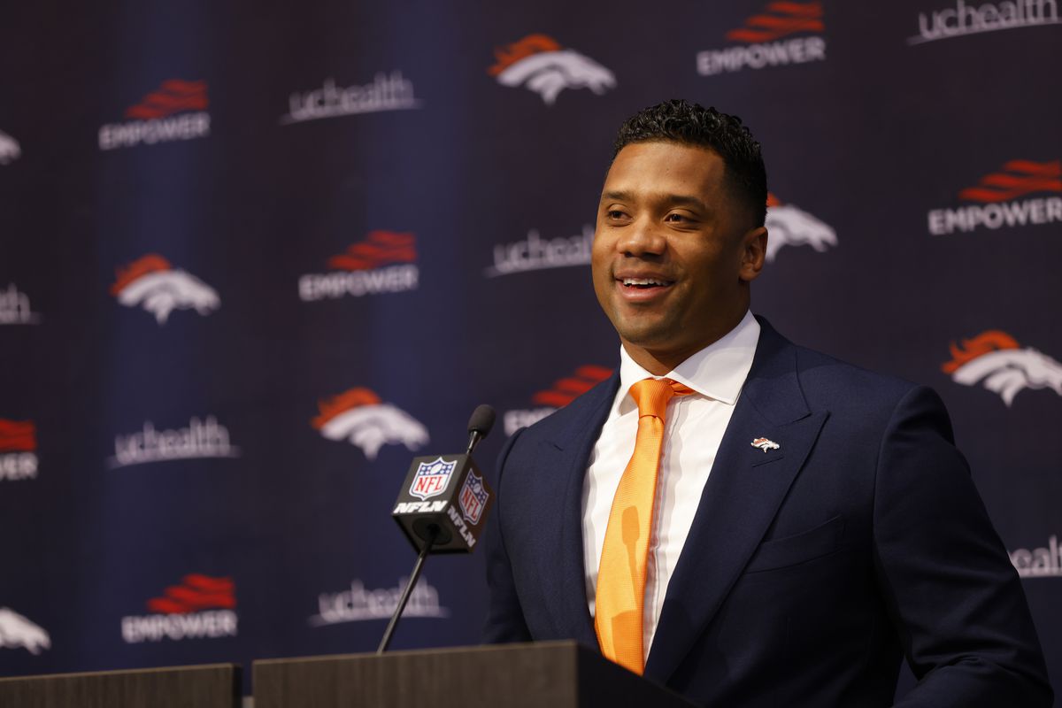 Quarterback Russell Wilson #3 of the Denver Broncos addresses the media at UCHealth Training Center on March 16, 2022 in Englewood, Colorado.