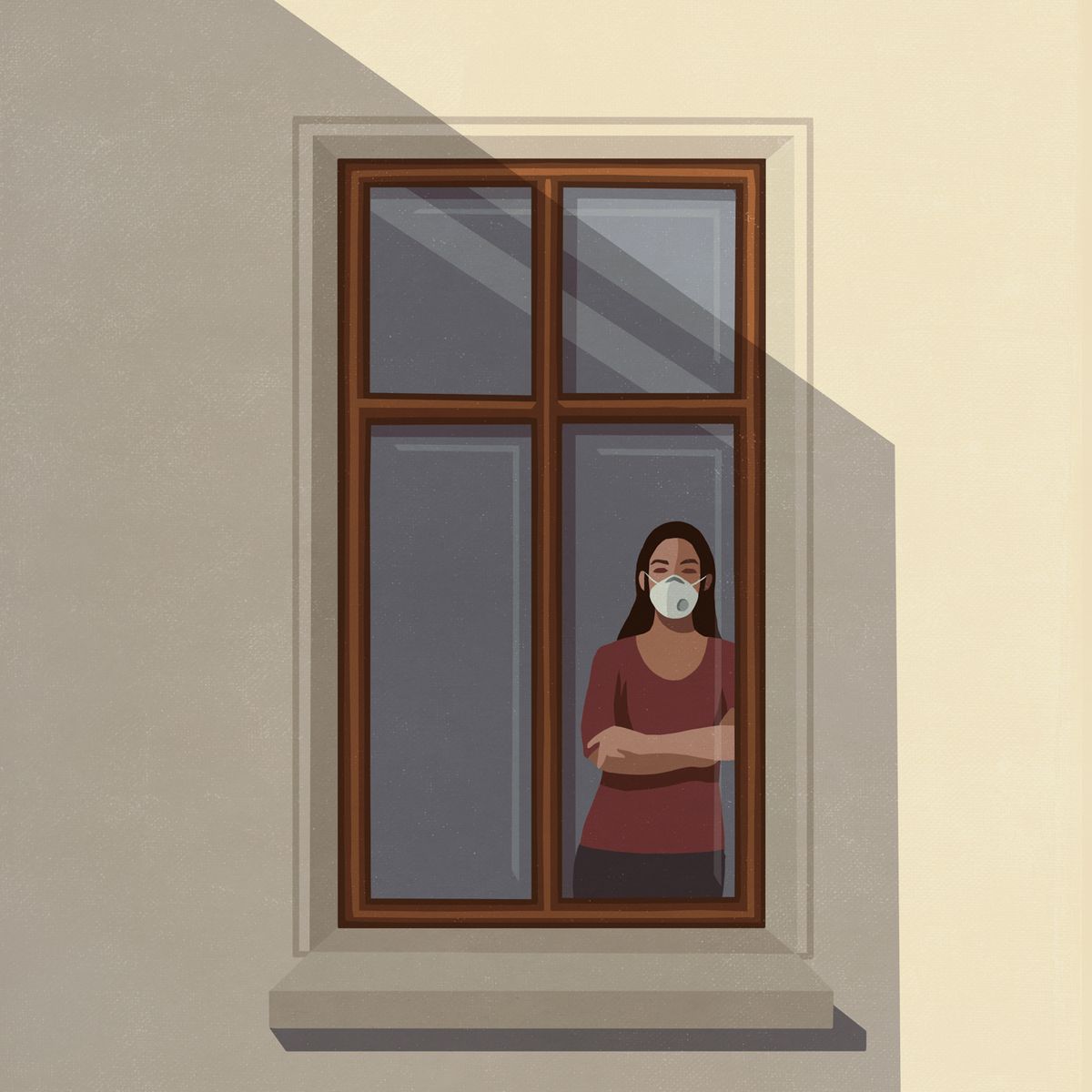 A drawing of a person wearing a breathing mask, standing looking out of a window.