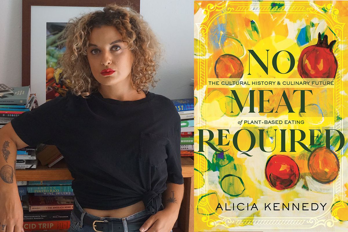 A split screen of a portrait of Alicia Kennedy and the cover of the book NO MEAT REQUIRED.