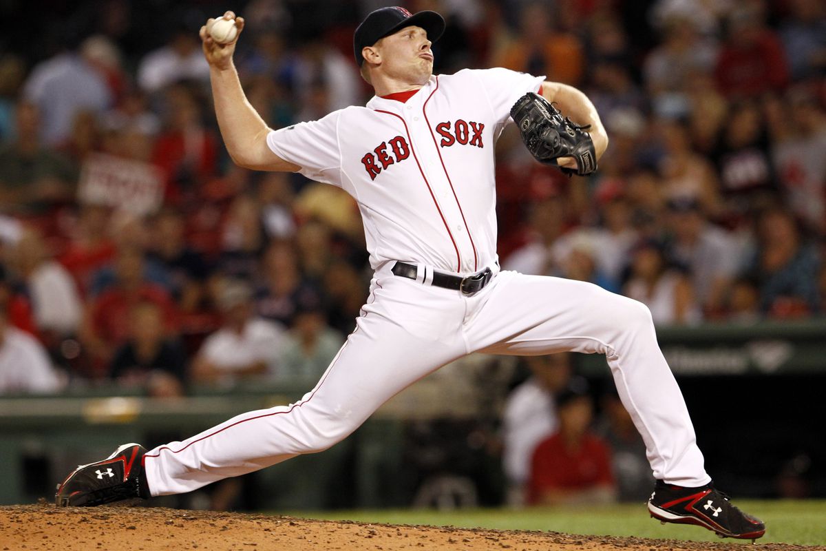Boston, MA, USA; Boston Red Sox relief pitcher Mark Melancon (37) pitches against the Los Angeles Angels during the ninth inning at Fenway Park.  Mandatory Credit: Mark L. Baer-US PRESSWIRE