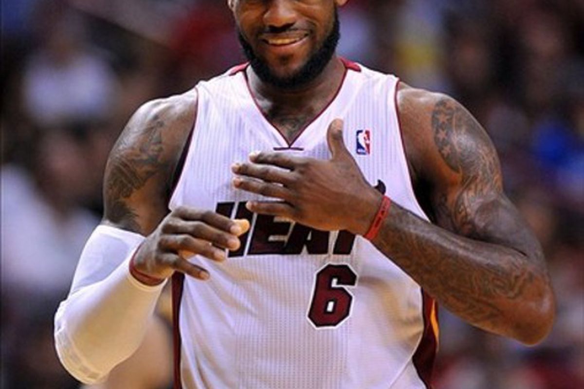 March 10, 2012; Miami, FL, USA; Miami Heat small forward LeBron James (6) reacts during the second half against the Indiana Pacers at American Airlines Arena. Heat won 93-91 in overtime. Mandatory Credit: Steve Mitchell-US PRESSWIRE