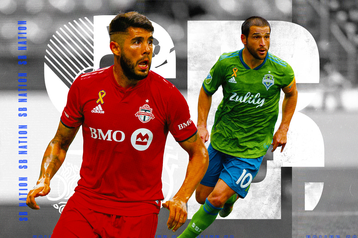 This picture is custom art featuring Alejandro Pozuelo from Toronto FC and Nico Lodeiro from the Seatlle Sounders. Pozuelo in red and Lodeiro in green, both are on the pitch.