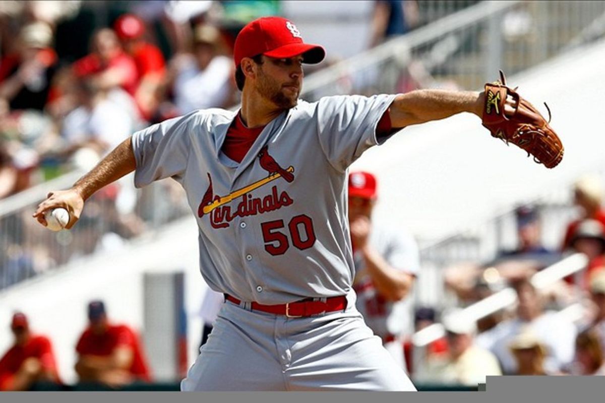March 9, 2011; Ft. Myers, FL, USA; St. Louis Cardinals starting pitcher Adam Wainwright (50) during the first inning of a spring training game against the Minnesota Twins at Hammond Stadium. Mandatory Credit: Derick E. Hingle-US PRESSWIRE