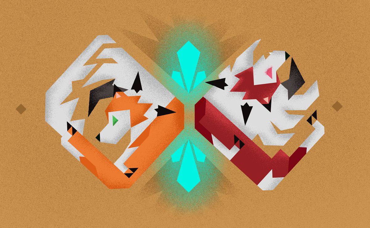Ash’s Lycanroc and Gladion’s Lycanroc illustrated as diametric abstract square shapes.