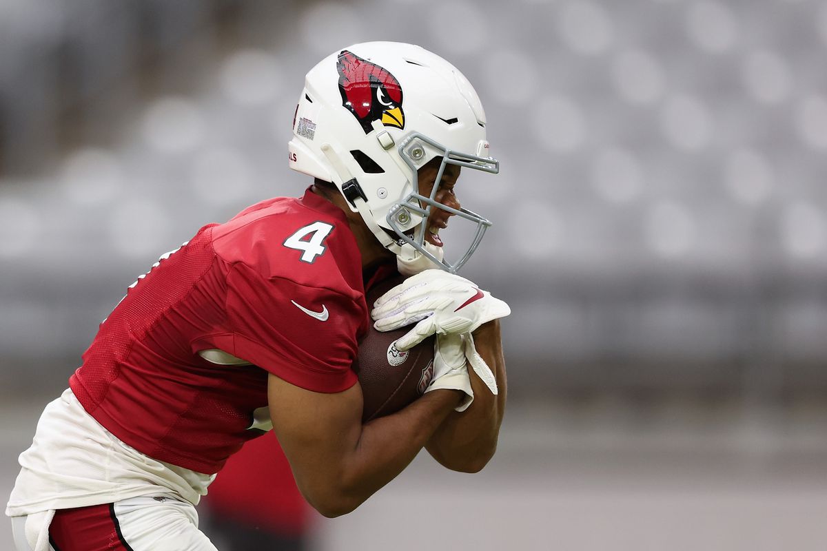 Wide receiver Rondale Moore #4 of the Arizona Cardinals participants in a team training camp at State Farm Stadium on August 03, 2022 in Glendale, Arizona.