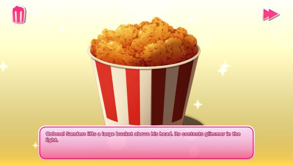 A bucket of fried chicken in a dating simulator art style