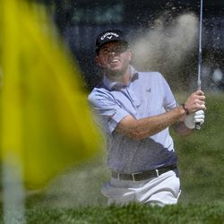 Robert Garrigus hits out of the sand on the sixth hole during the first round of the Utah Championship at Oakridge Country Club in Farmington, Utah, on Thursday, June 27, 2019.