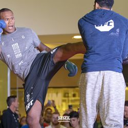 Jacare Souza breaks a sweat at the UFC 224 open workouts Wednesday inside Barra Shopping Mall in Rio de Janeiro, Brazil.